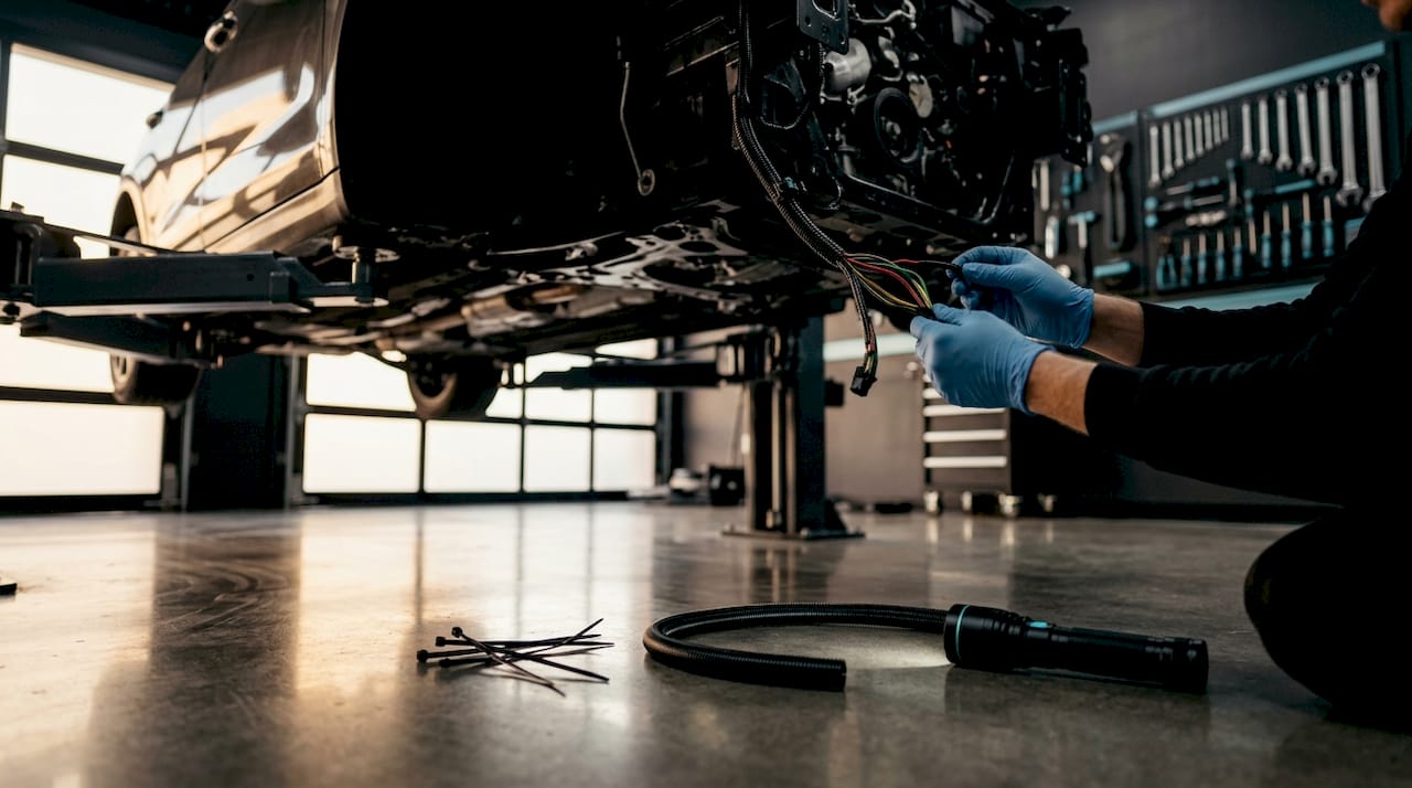 Hands checking LED wiring under car