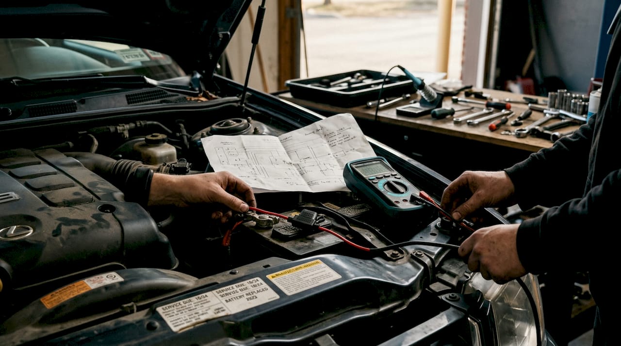 Hands wiring fuse and relay on car battery
