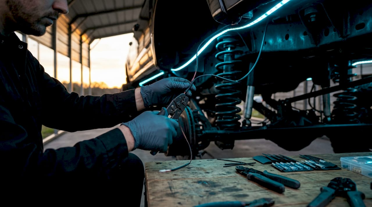 Hands installing LED underbody lights on lifted truck