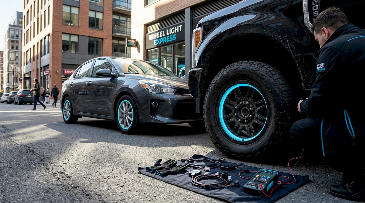 Compact car and truck with installed wheel lights