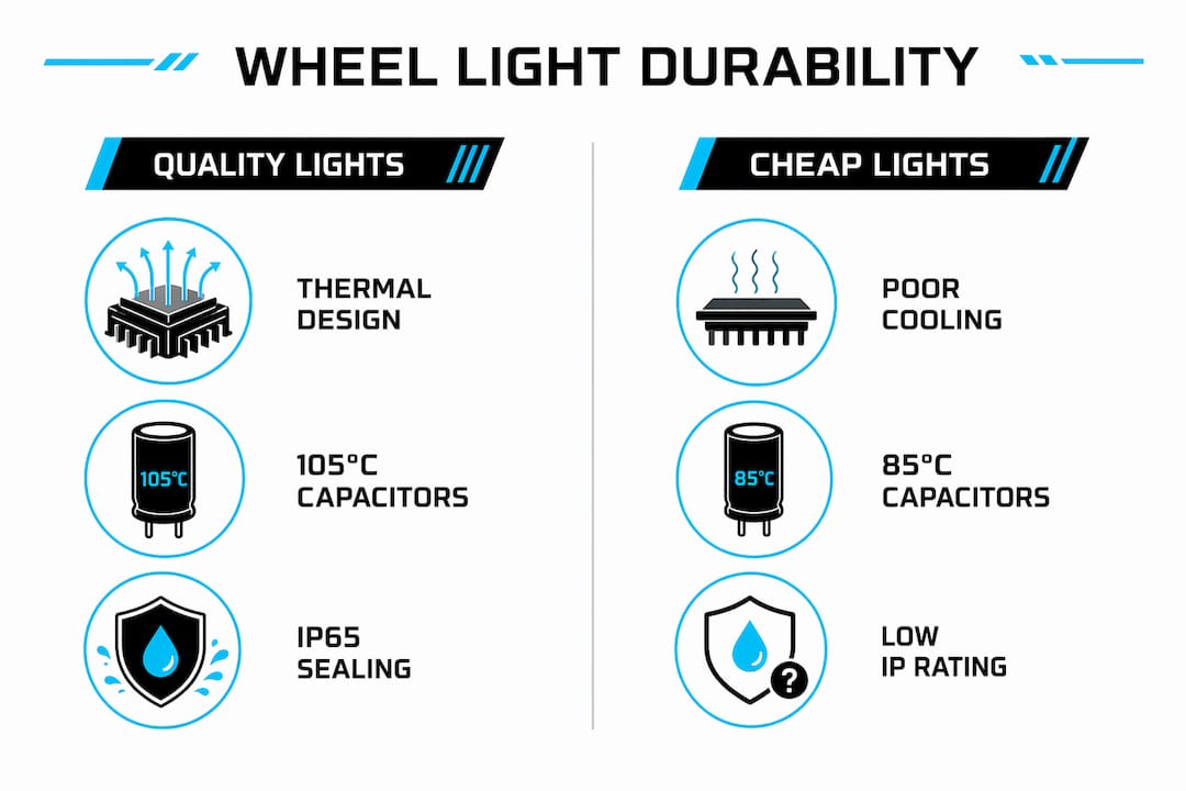 Infographic comparing quality vs cheap wheel light durability