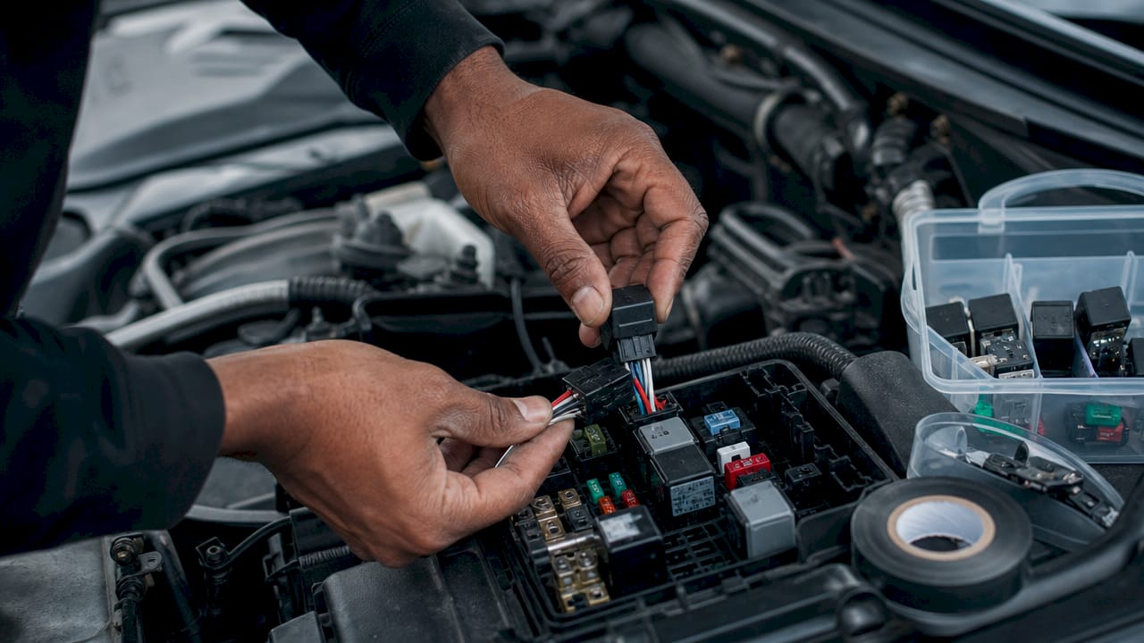 Hands installing relay in truck engine compartment