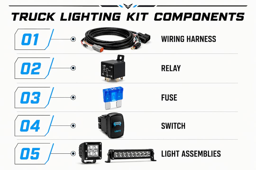 Infographic showing truck lighting kit components in steps