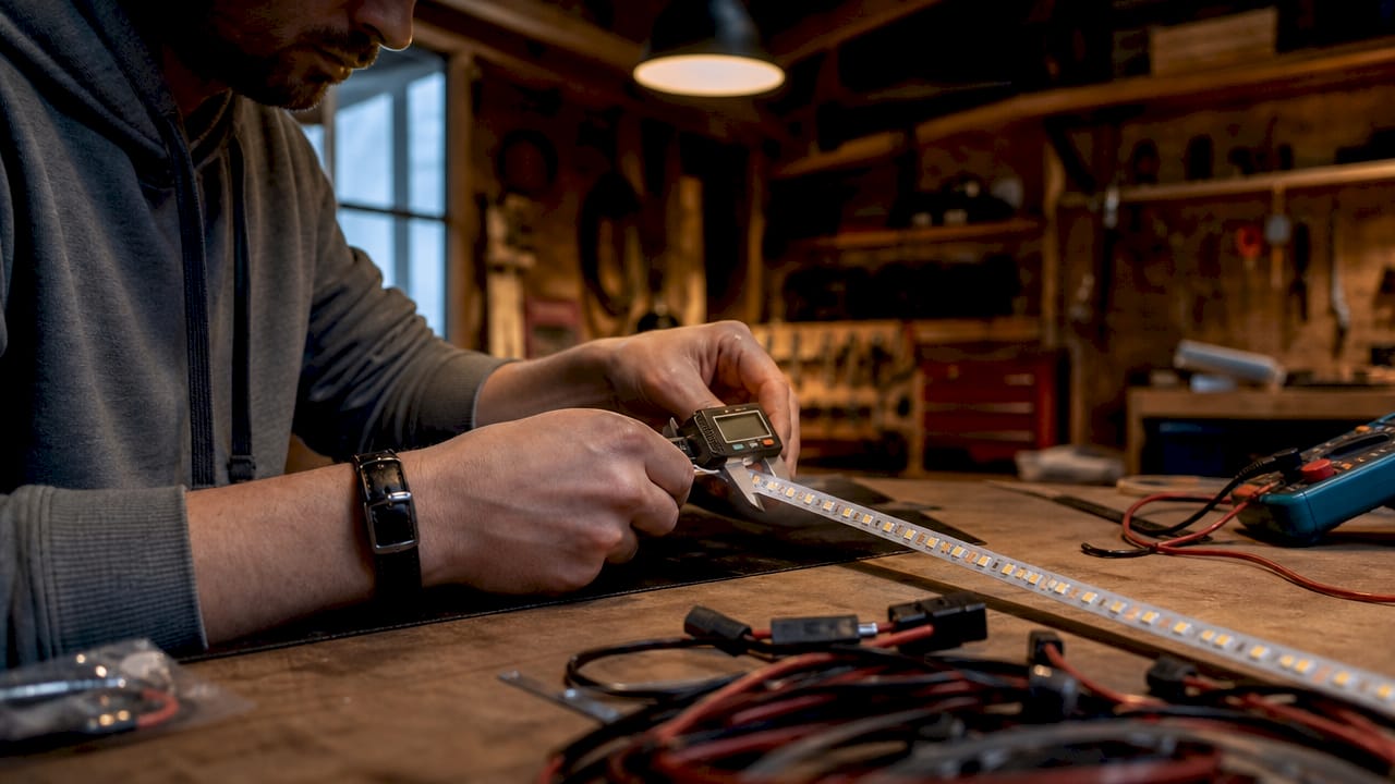 Close-up of hands inspecting high-lumen LED strip