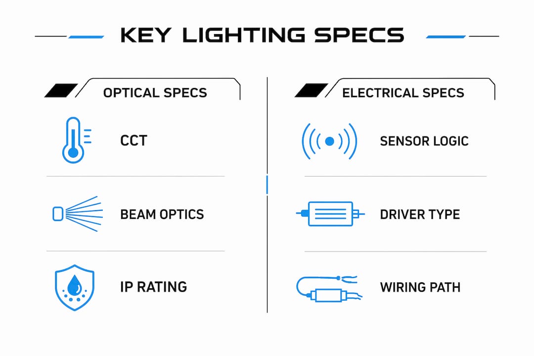 Infographic comparing optical and electrical specs for custom car lighting