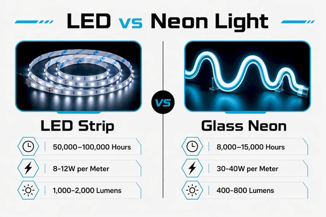 Infographic comparing LED strip and neon tube lighting