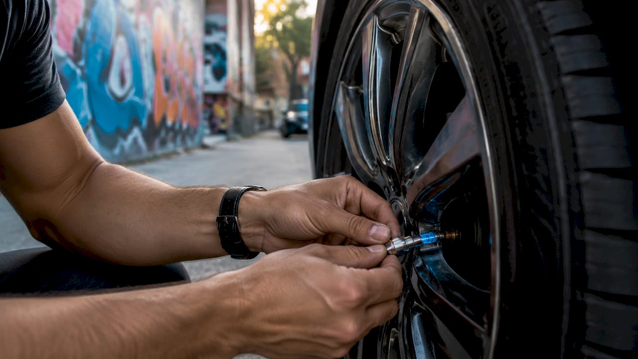 Hands installing valve-stem LED light on car tire