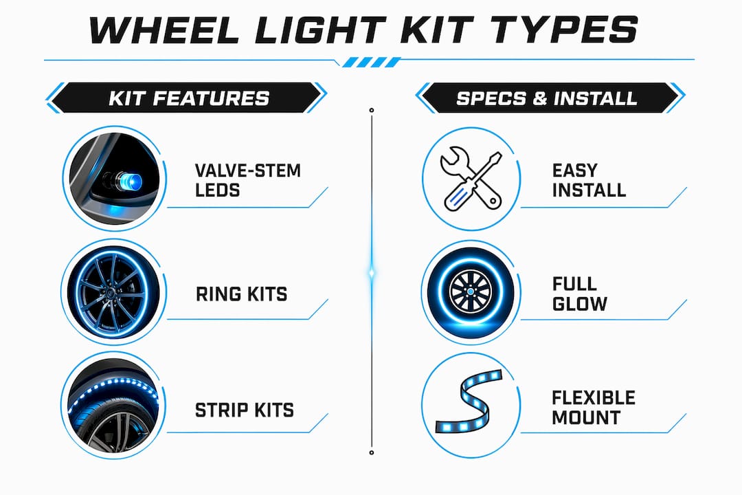 Infographic comparing types and features of wheel light kits