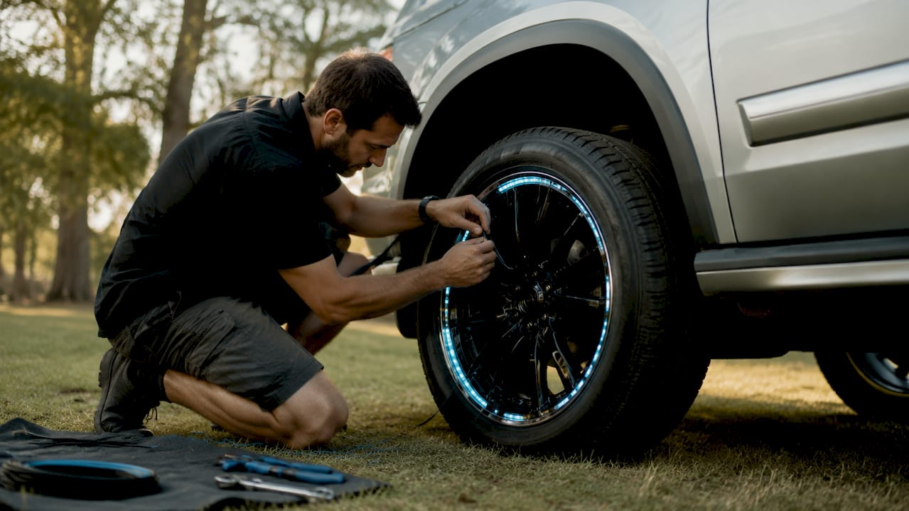 Mechanic installing LED wheel light kit on SUV wheel