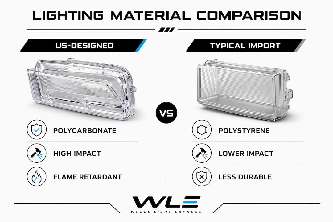 Infographic comparing US-designed and imported lighting materials