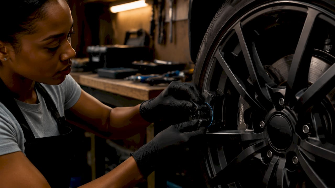 Hands installing induction wire wheel lights on alloy wheel