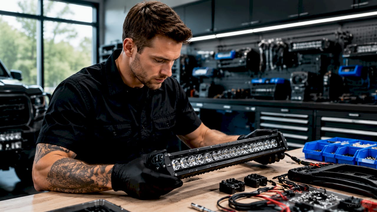 Technician inspecting automotive lighting components on workbench