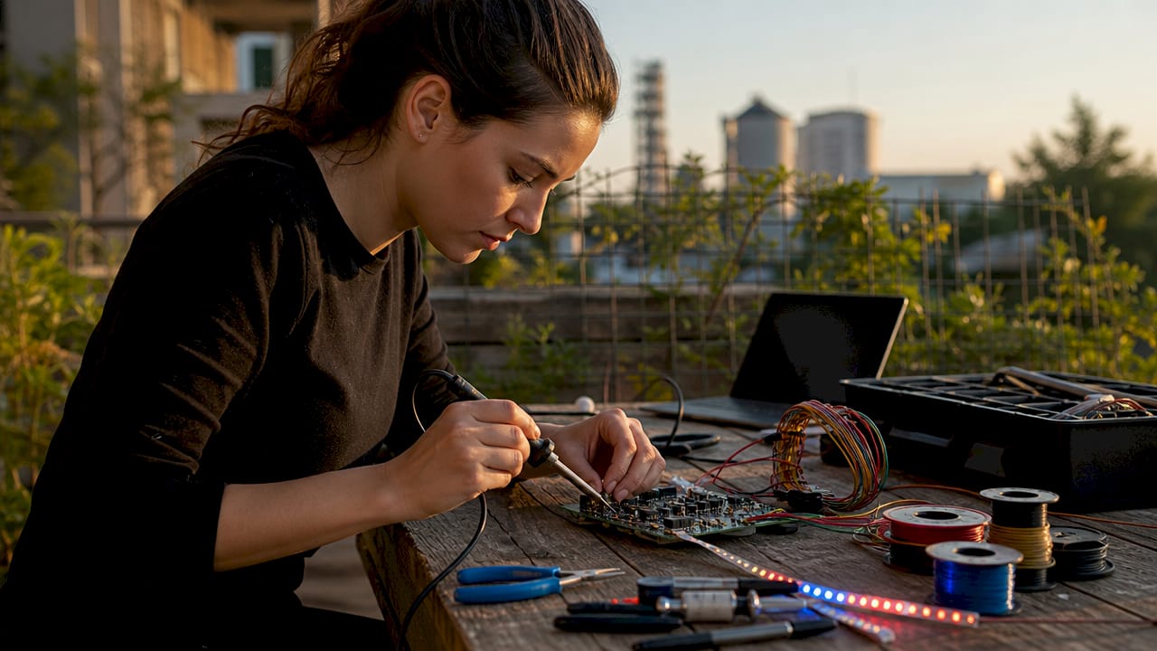 Hands soldering a vehicle LED lighting controller circuit