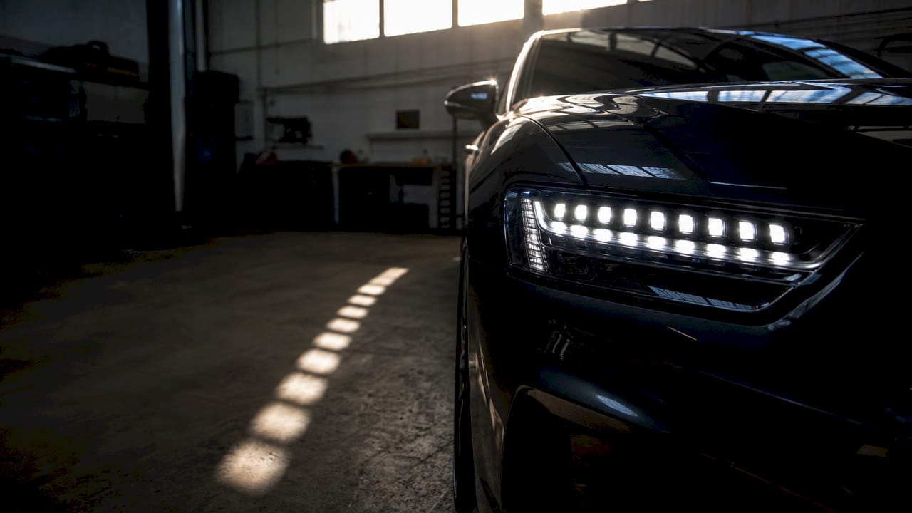 Close-up of LED spotting effect in vehicle headlight