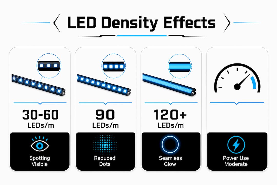 Infographic illustrating effects of LED density on lighting appearance