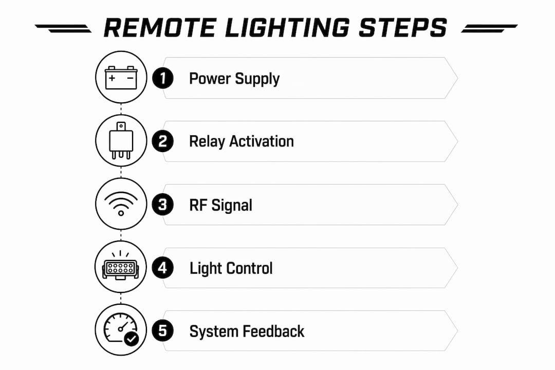 Infographic showing remote lighting system operation steps