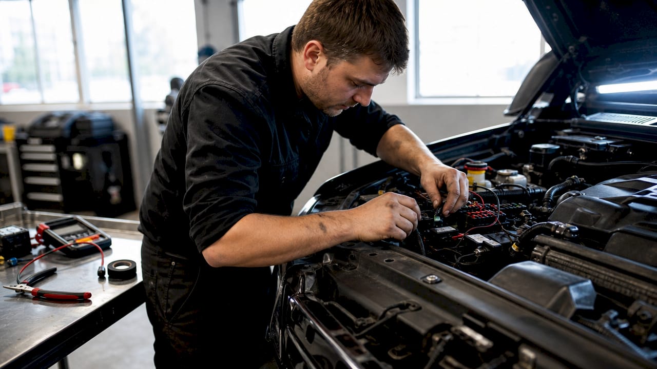 Hands wiring remote relay in truck engine bay