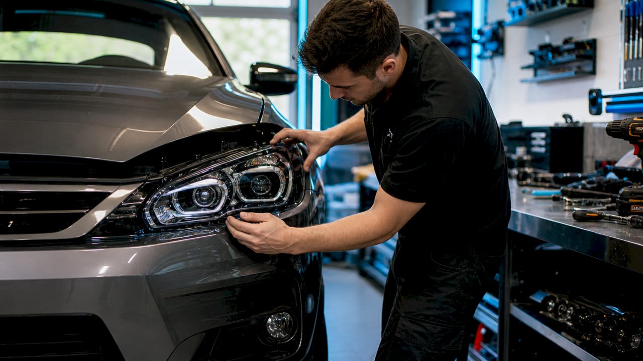 Technician installing LED headlights on car