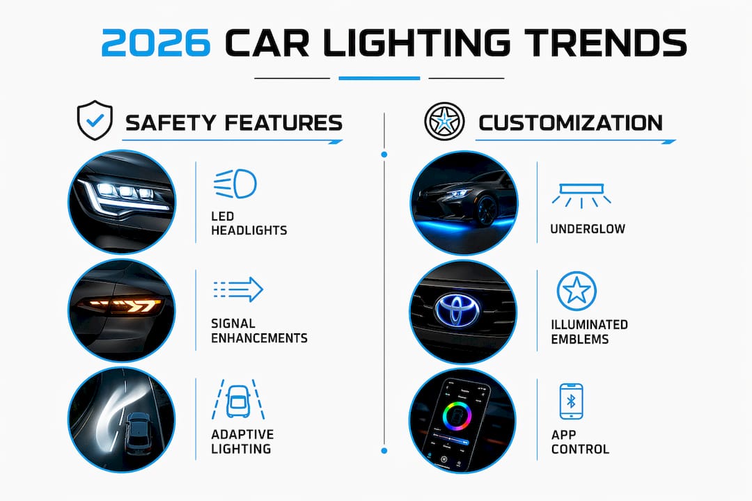 Infographic showing 2026 car lighting trends in safety and customization categories