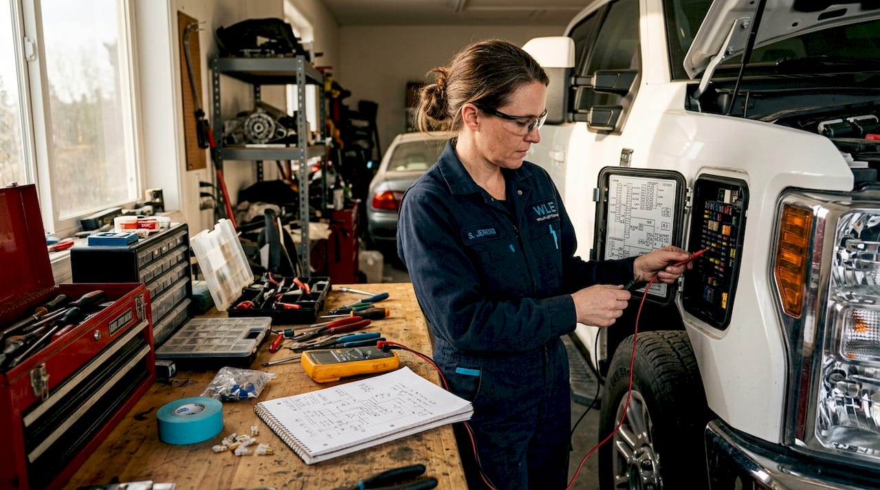 Technician photographing truck fuse box layout