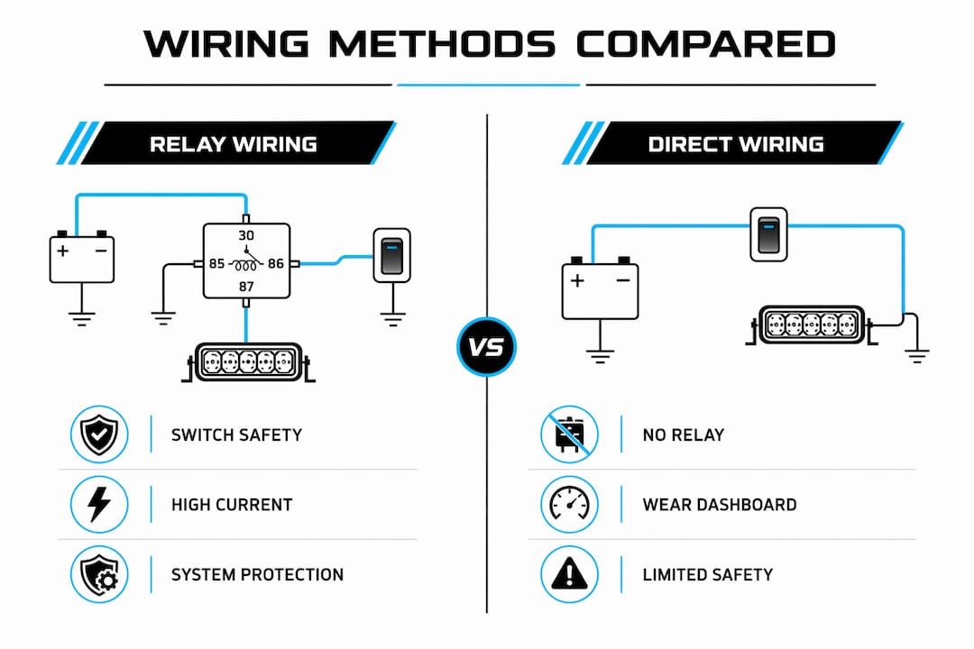 Infographic comparing relay wiring and direct wiring