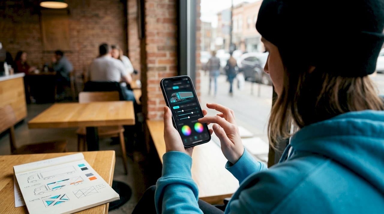 Woman holding smartphone with truck LED app controls