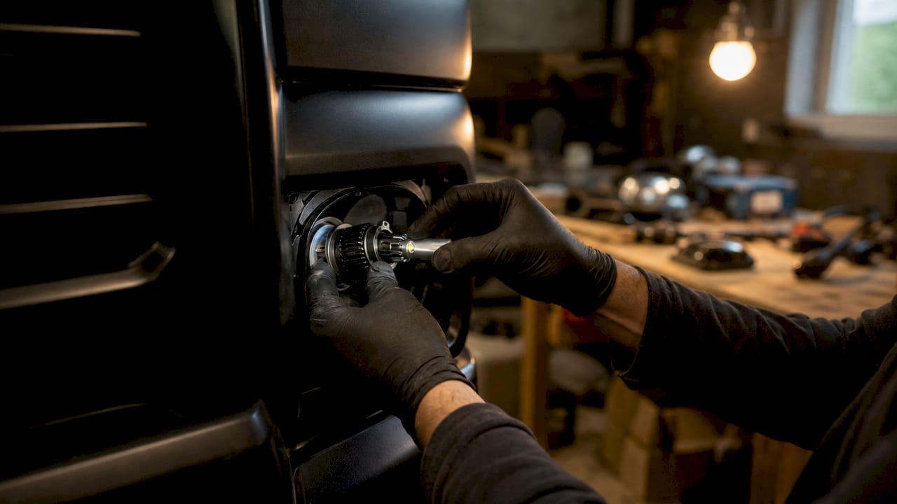 Close-up of hands installing LED headlight bulb