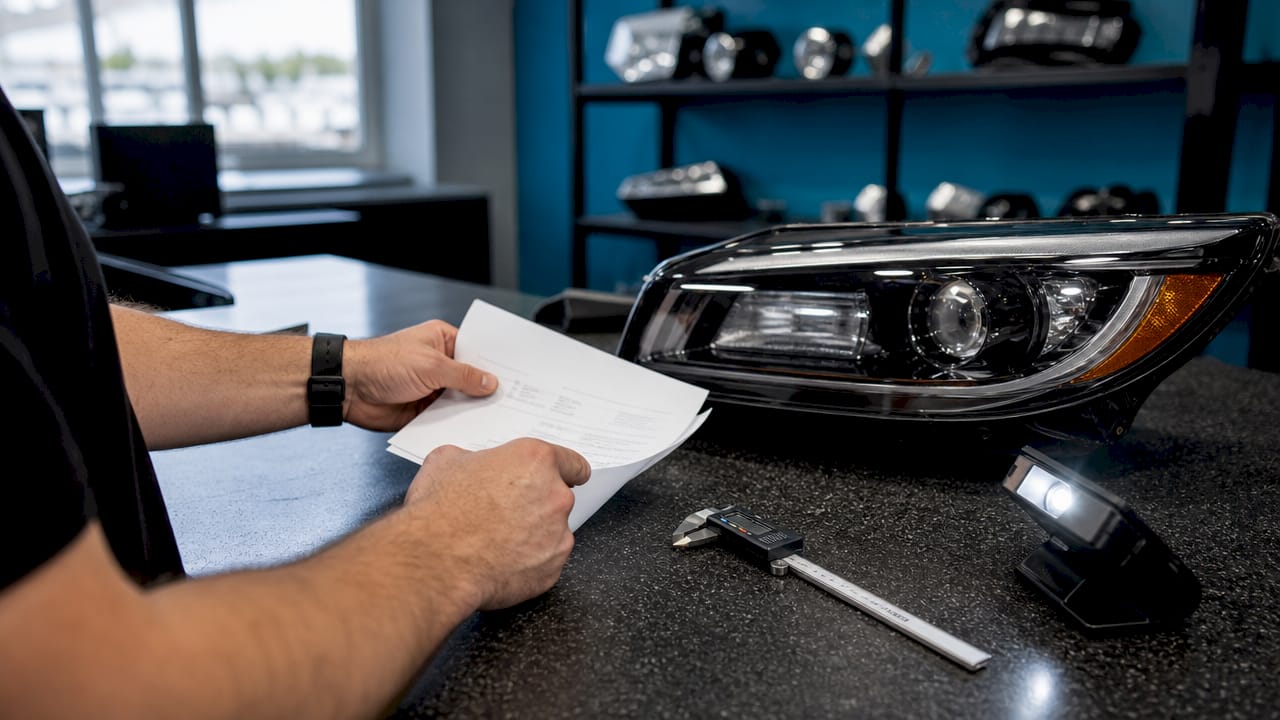 Inspector hands checking automotive headlight and documents