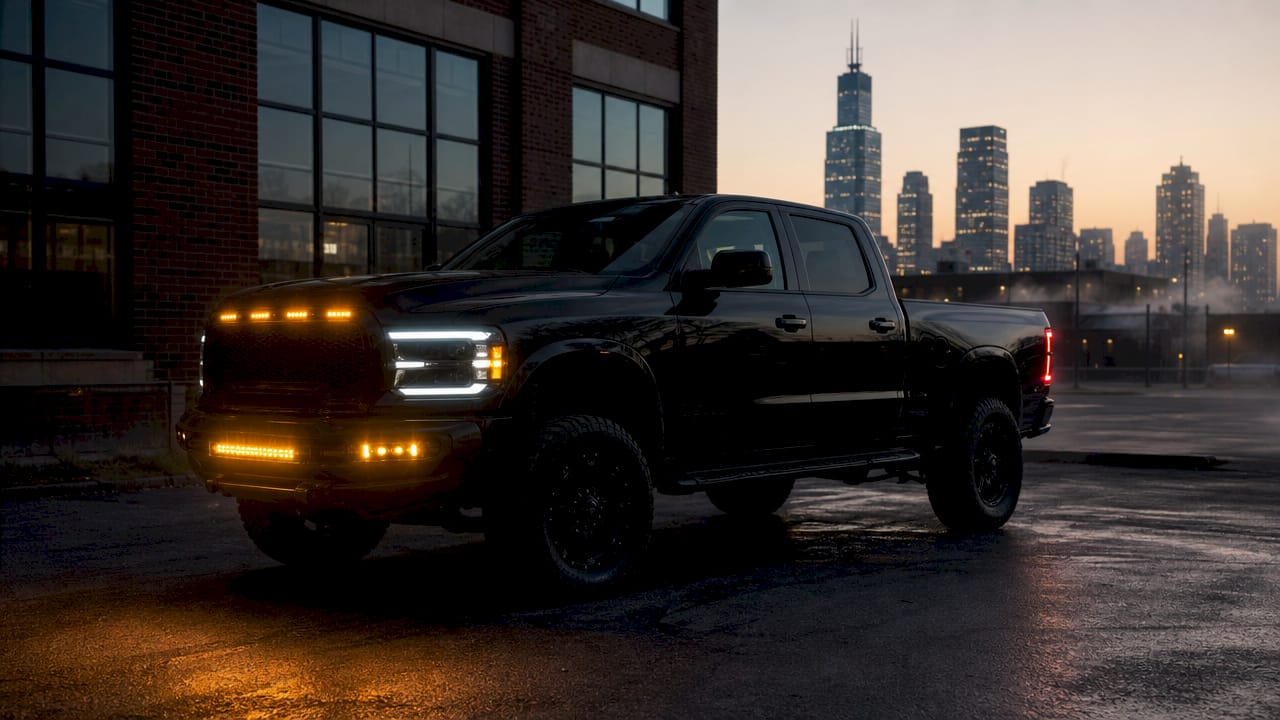 Pickup truck with illuminated LED full light kit at dusk