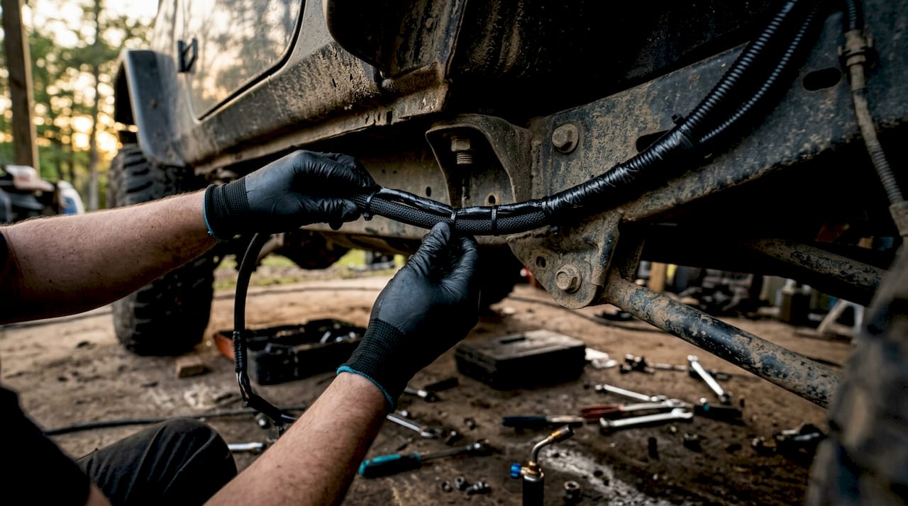 Hands routing wiring harness on vehicle frame