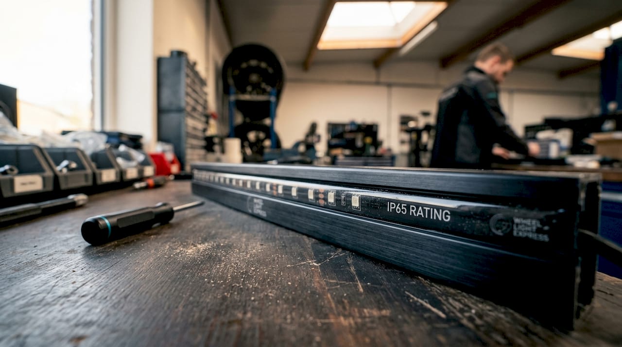 Close-up of IP65 dust-proof LED strip on mounting channel