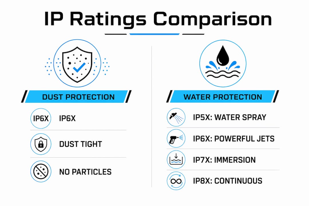 Infographic comparing dust and water IP protection levels