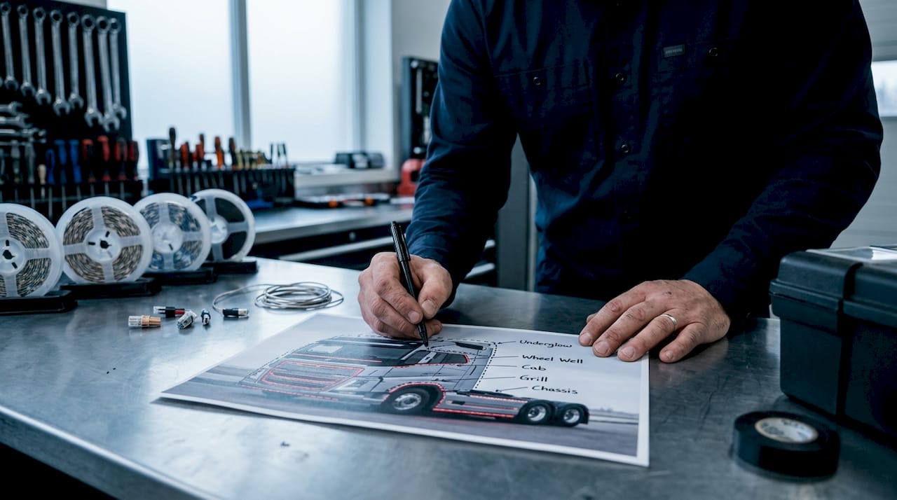 Hands marking truck lighting zones on photo