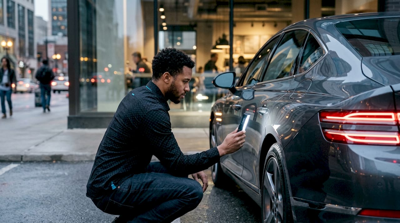 Photographer adjusting handheld LED light by car at night