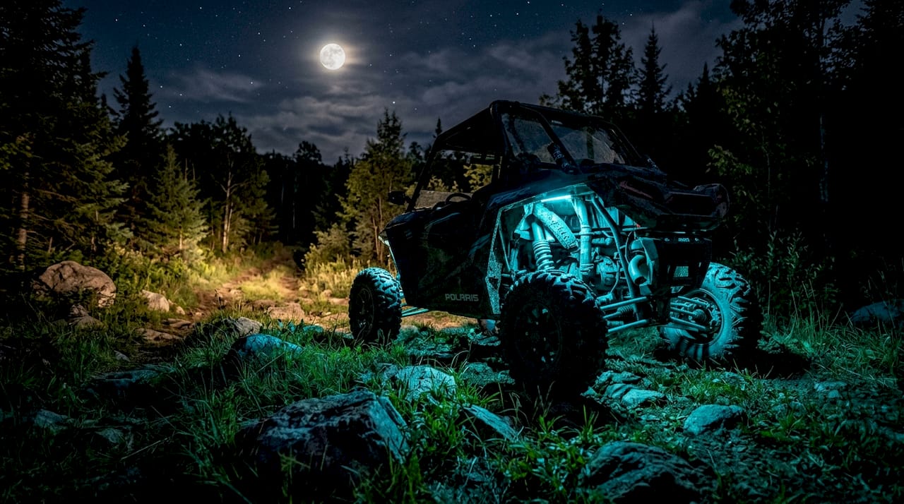 SXS vehicle with illuminated rock lights at night