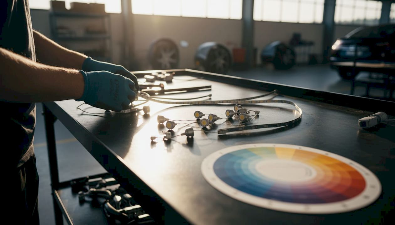 Hands assembling automotive LED lighting parts with color wheel