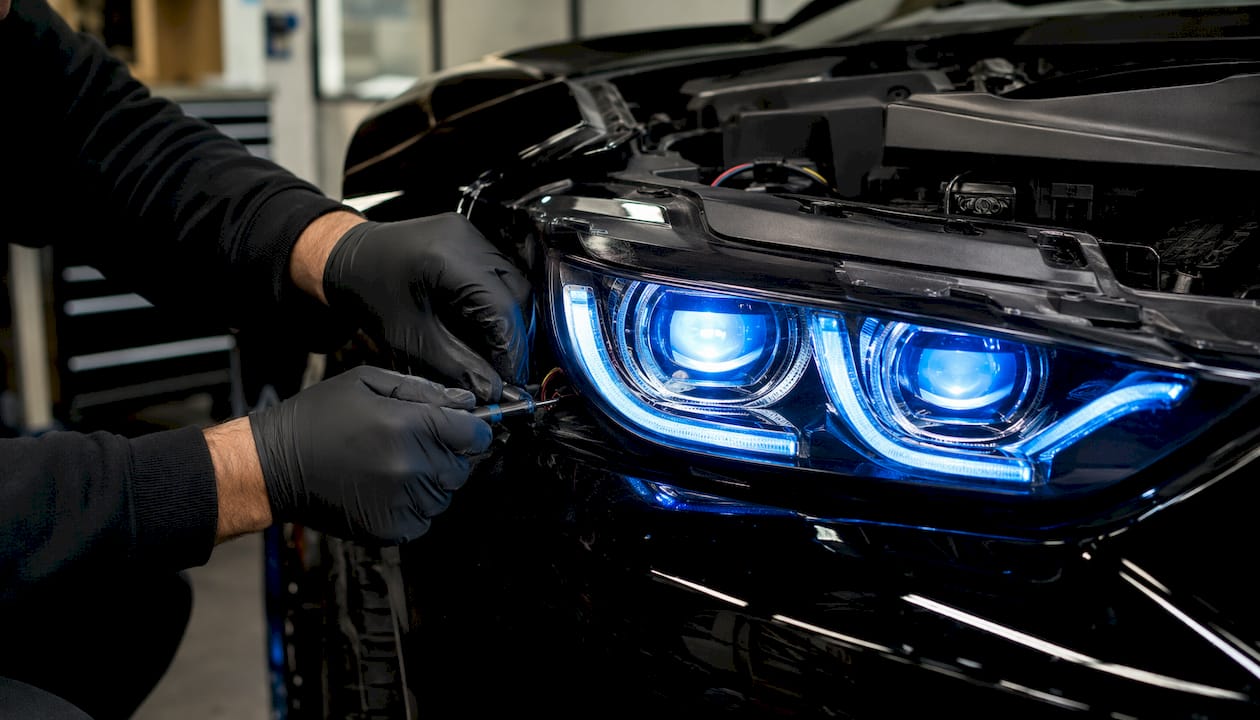 Close-up of custom LED tail lights being installed