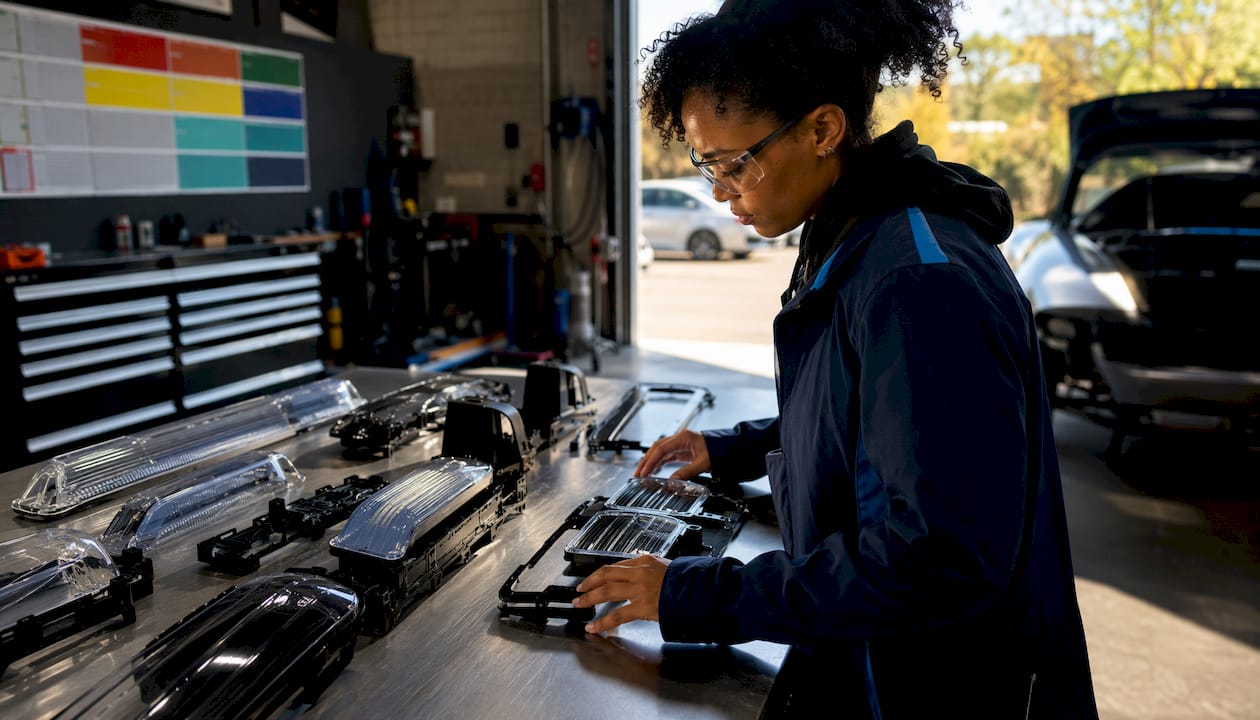 Engineer inspecting automotive lighting parts