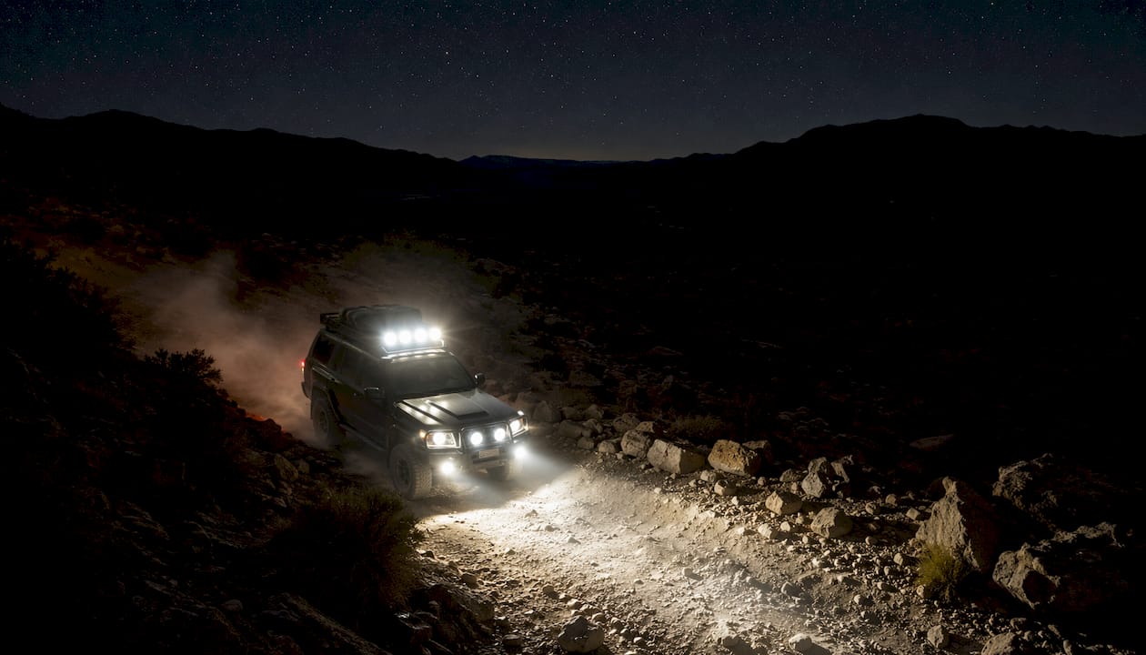 Illuminated off-road vehicle at night on rocky trail