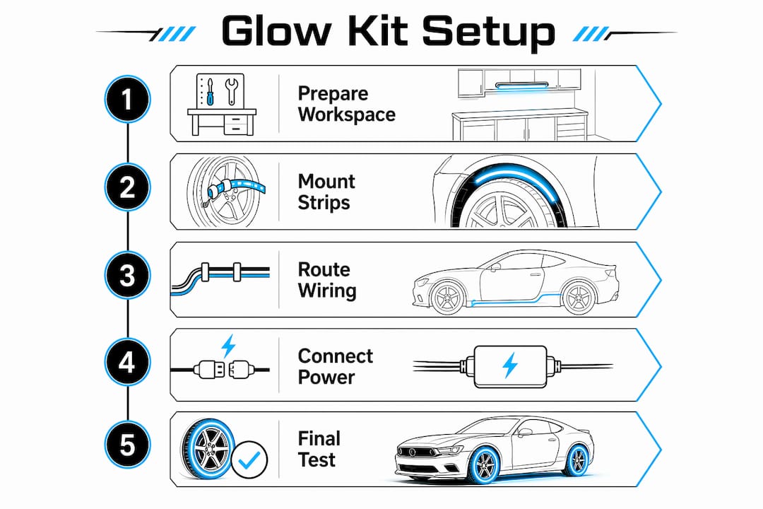 Step-by-step underbody glow kit installation infographic
