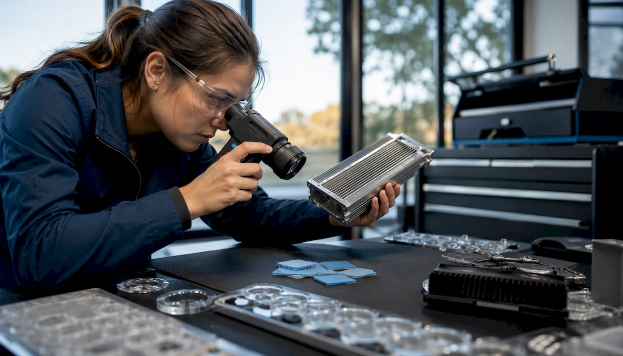 Engineer inspecting LED housing and heat sink