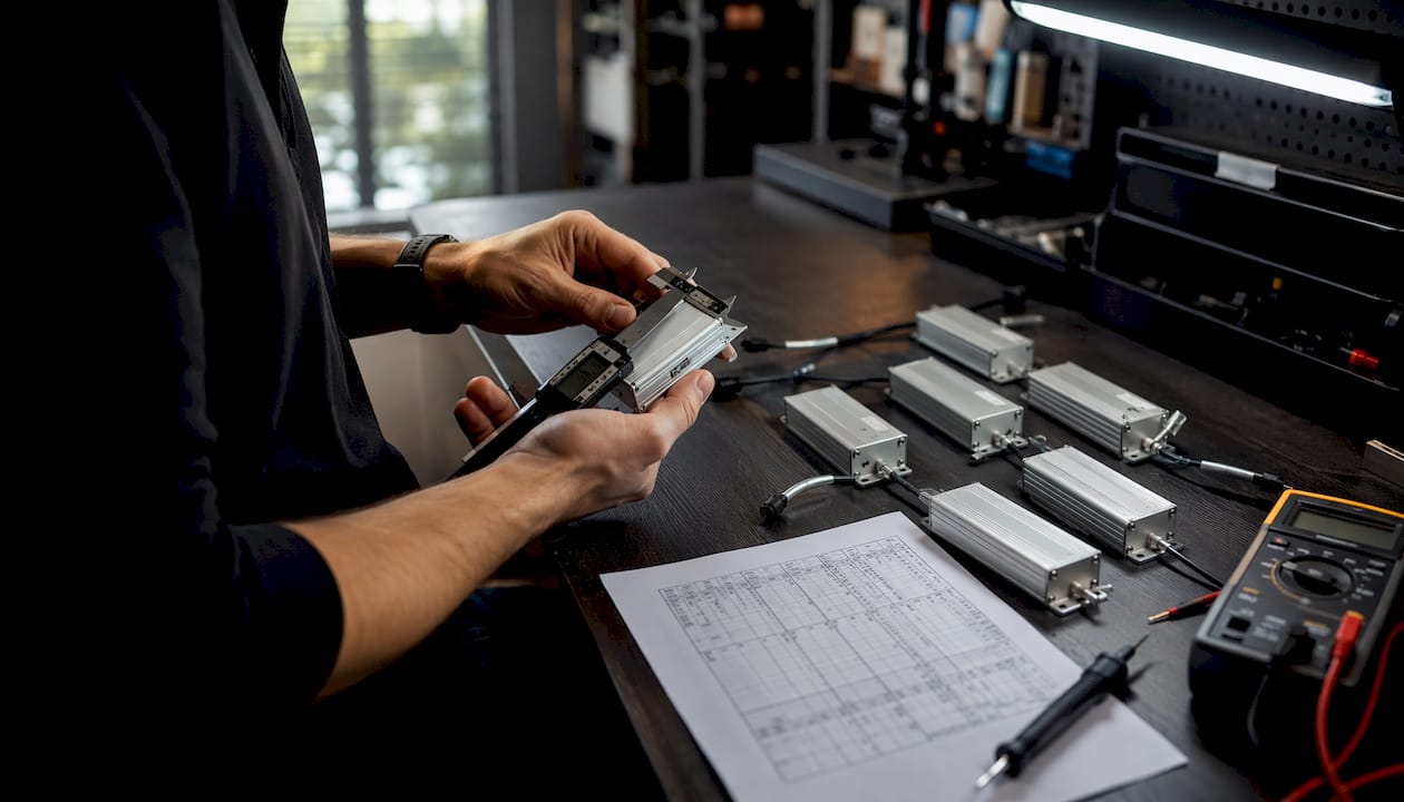 Close-up hands measuring LED power supplies
