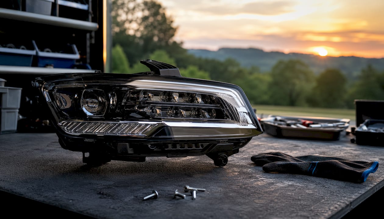 Close-up of Matrix LED headlight in automotive lab