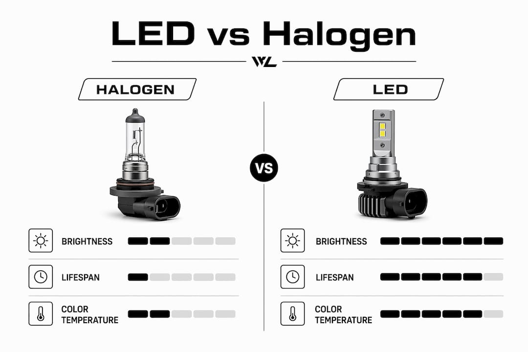 Infographic comparing LED and halogen headlights side by side