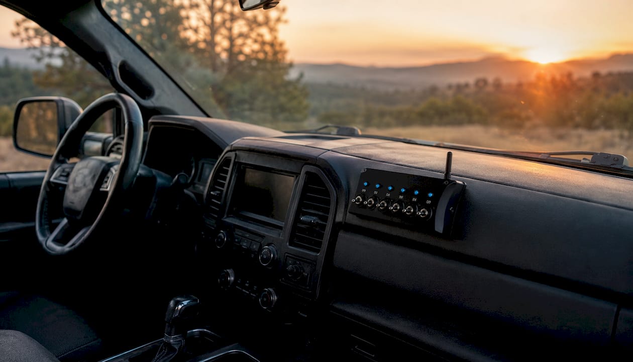 Close-up wireless truck light switch controller on dashboard