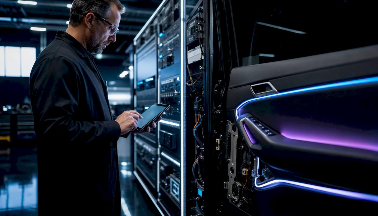 Engineer testing smart vehicle lighting harness