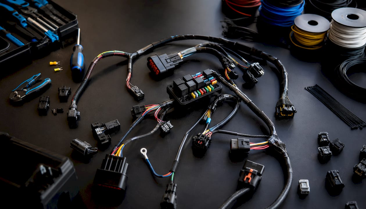 Close-up of lighting wire harness components on workbench