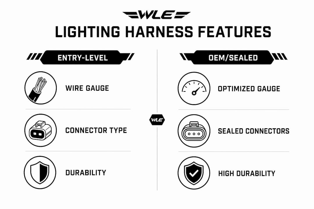Infographic comparing entry-level and OEM lighting harness features