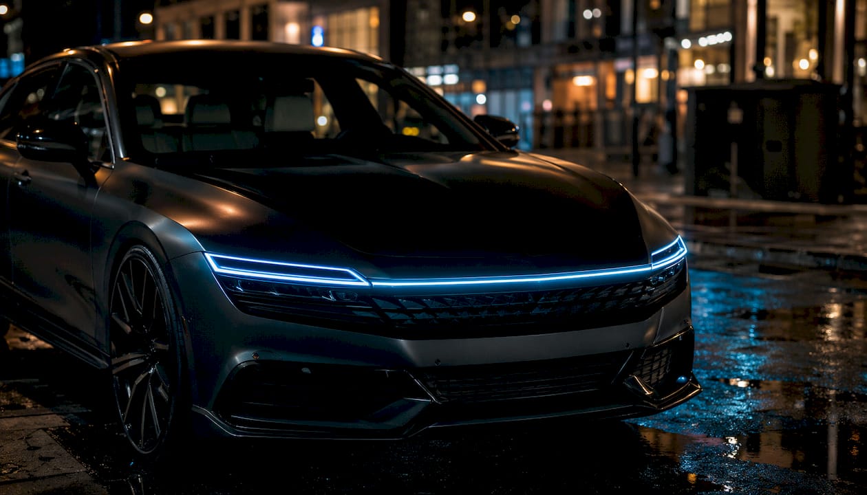 Close-up of car exterior with LED light bar