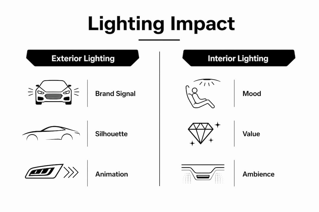 Infographic illustrating exterior vs interior vehicle lighting impact
